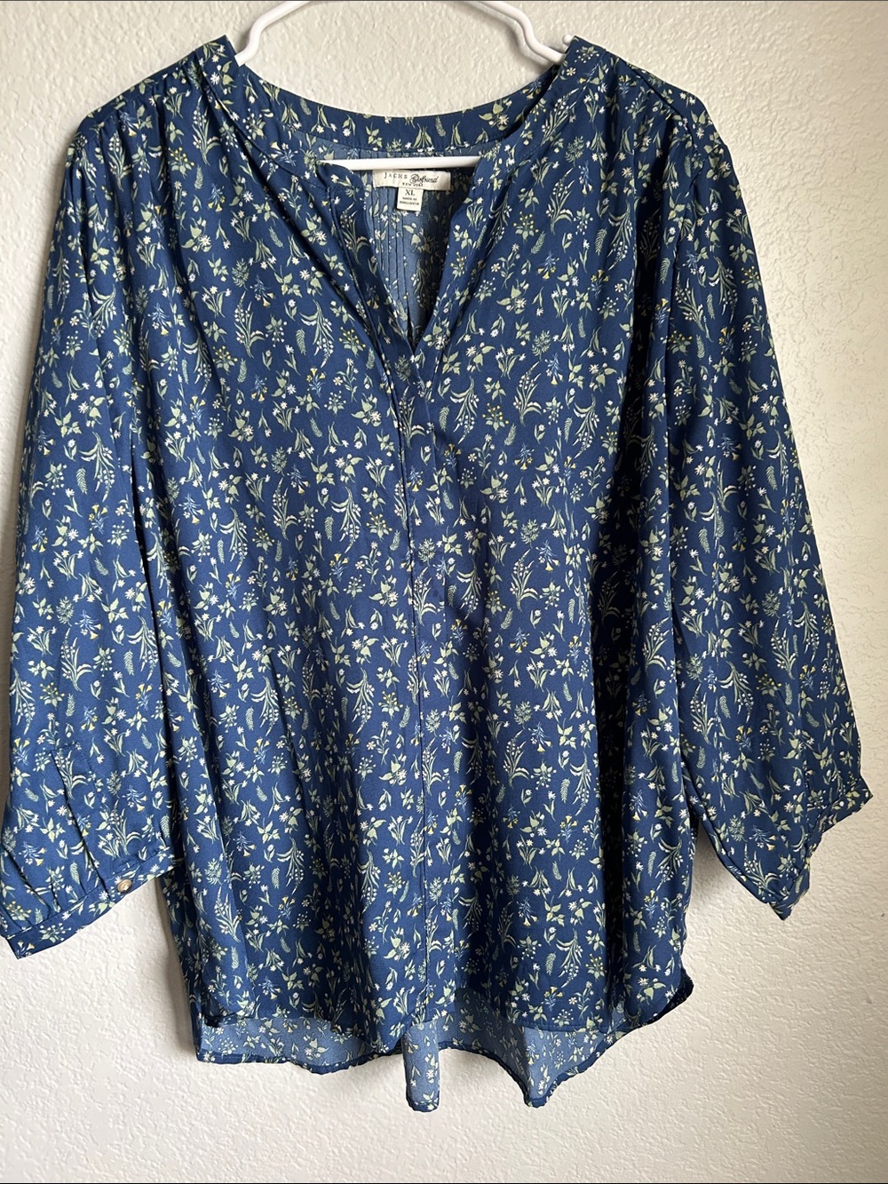 Navy Blue Floral Peasant Blouse